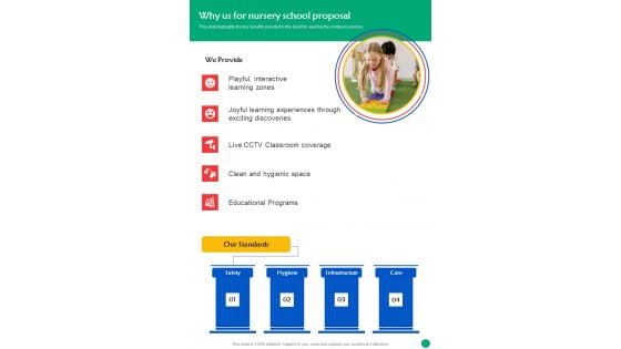 Why Us For Nursery School Proposal One Pager Sample Example Document