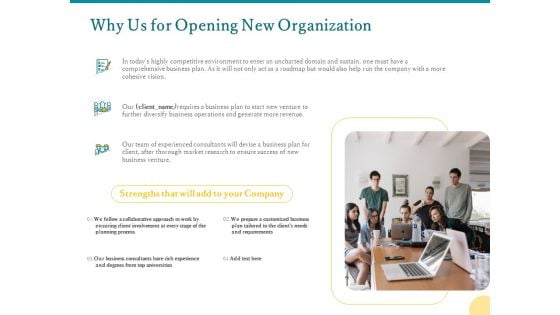 Why Us For Opening New Organization Ppt PowerPoint Presentation Infographics Deck PDF