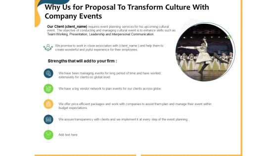 Why Us For Proposal To Transform Culture With Company Events Ppt Ideas Tips PDF