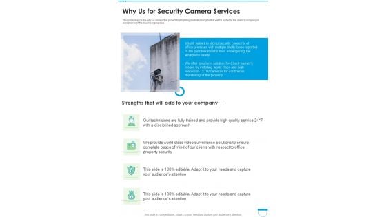 Why Us For Security Camera Services One Pager Sample Example Document