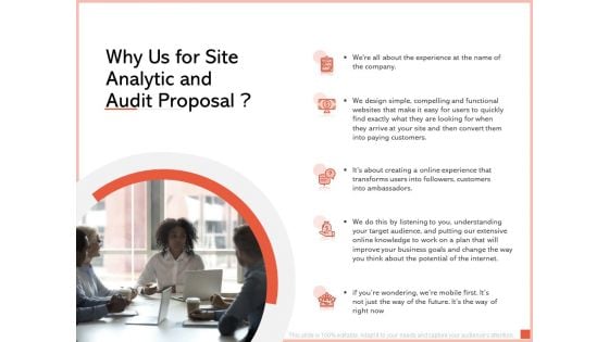 Why Us For Site Analytic And Audit Proposal Ppt Summary Shapes PDF