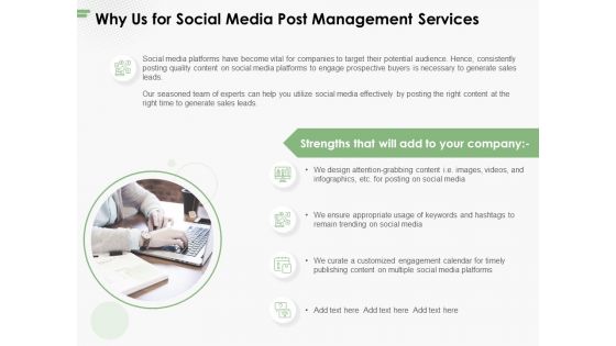 Why Us For Social Media Post Management Services Ppt PowerPoint Presentation Infographics Layout PDF