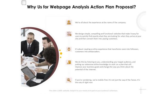 Why Us For Webpage Analysis Action Plan Proposal Ppt PowerPoint Presentation File Rules PDF