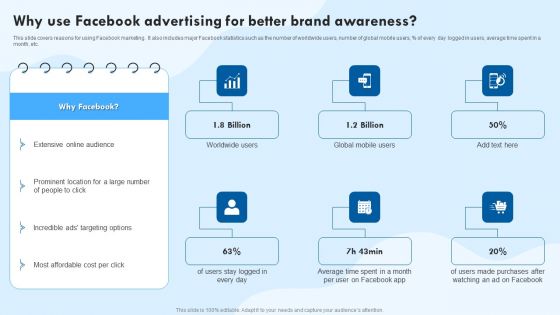 Why Use Facebook Advertising For Better Brand Awareness Ppt Ideas Design Templates PDF Why Use Facebook Advertising For Better Brand Awareness Ppt Ideas Design Templates PDF