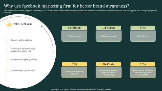 Why Use Facebook Marketing Firm For Better Brand Awareness Ppt Model Infographic Template PDF Why Use Facebook Marketing Firm For Better Brand Awareness Ppt Model Infographic Template PDF