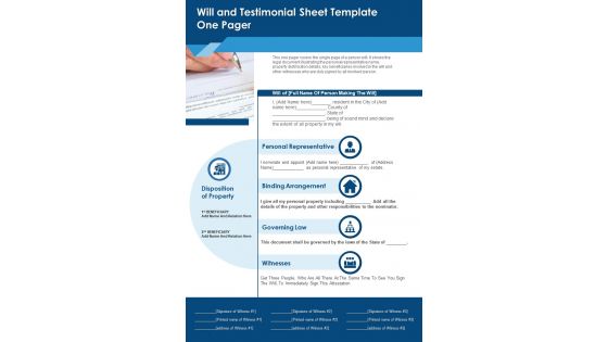 Will And Testimonial Sheet Template One Pager PDF Document PPT Template