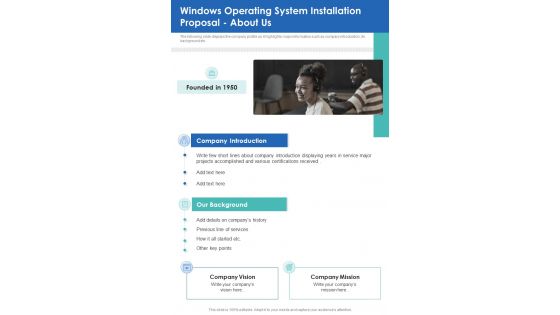 Windows Operating System Installation Proposal About Us One Pager Sample Example Document