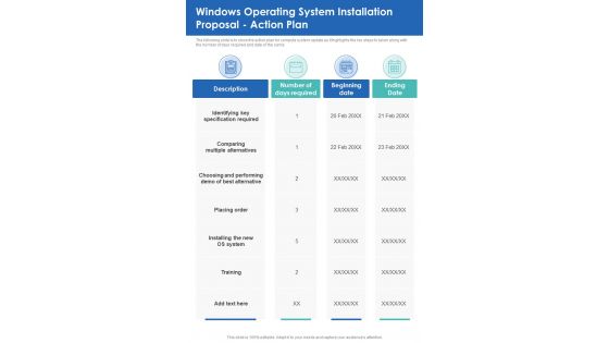 Windows Operating System Installation Proposal Action Plan One Pager Sample Example Document