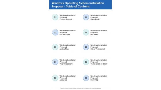 Windows Operating System Installation Proposal Table Of Contents One Pager Sample Example Document