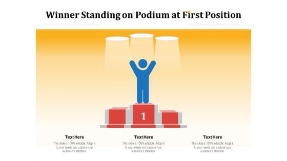 Winner Standing On Podium At First Position Ppt PowerPoint Presentation Slides Portfolio PDF