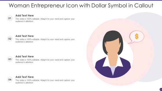 Woman Entrepreneur Icon Ppt PowerPoint Presentation Complete Deck With Slides