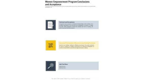 Women Empowerment Program Conclusions And Acceptance One Pager Documents Women Empowerment Program Conclusions And Acceptance One Pager Documents