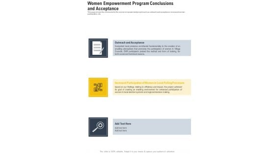 Women Empowerment Program Conclusions And Acceptance One Pager Documents