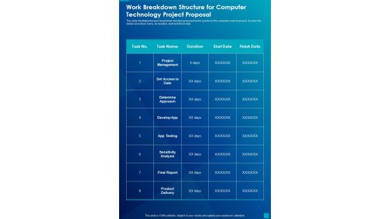 Work Breakdown Structure For Computer Technology Project Proposal One Pager Sample Example Document