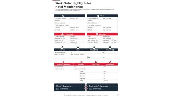 Work Order Highlights For Hotel Maintenance One Pager Sample Example Document