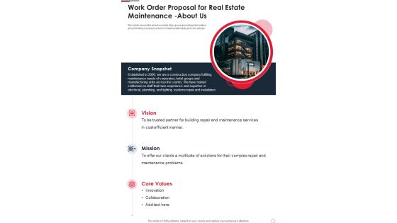 Work Order Proposal For Real Estate Maintenance About Us One Pager Sample Example Document