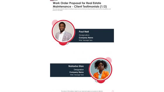 Work Order Proposal For Real Estate Maintenance Client Testimonials One Pager Sample Example Document