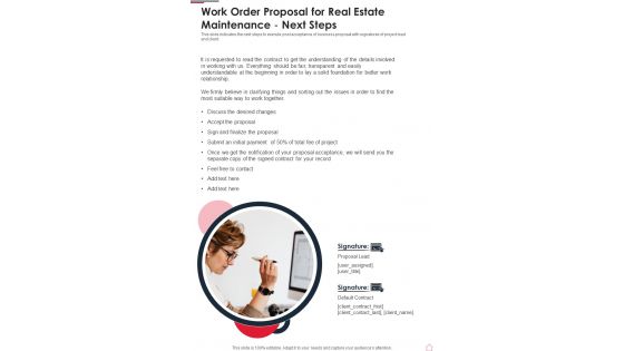 Work Order Proposal For Real Estate Maintenance Next Steps One Pager Sample Example Document