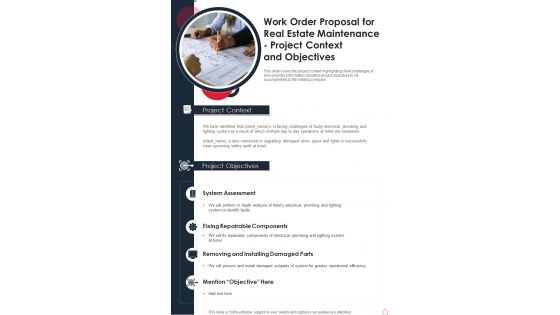 Work Order Proposal For Real Estate Maintenance Project Context And Objectives One Pager Sample Example Document