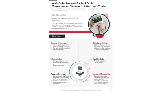 Work Order Proposal For Real Estate Maintenance Statement Of Work And Contract One Pager Sample Example Document