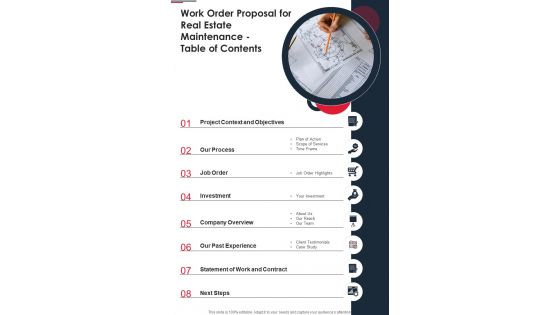 Work Order Proposal For Real Estate Maintenance Table Of Contents One Pager Sample Example Document