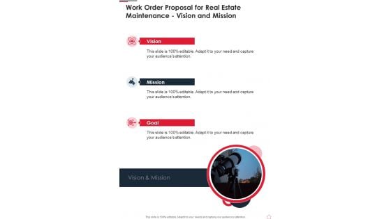 Work Order Proposal For Real Estate Maintenance Vision And Mission One Pager Sample Example Document