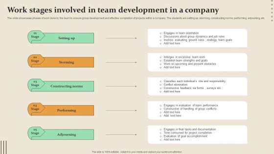 Work Stages Involved In Team Development In A Company Infographics PDF