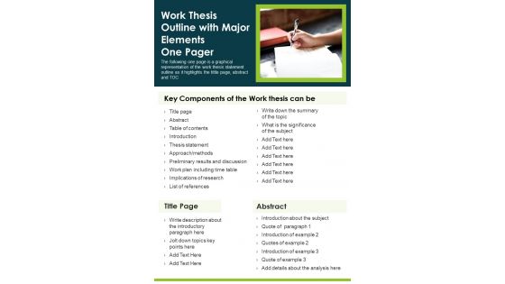 Work Thesis Outline With Major Elements One Pager PDF Document PPT Template