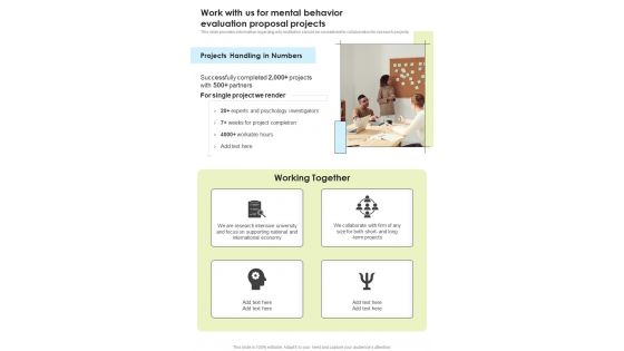 Work With Us For Mental Behavior Evaluation Proposal Projects One Pager Sample Example Document