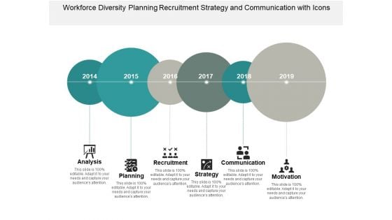 Workforce Diversity Planning Recruitment Strategy And Communication With Icons Ppt PowerPoint Presentation Styles Slides