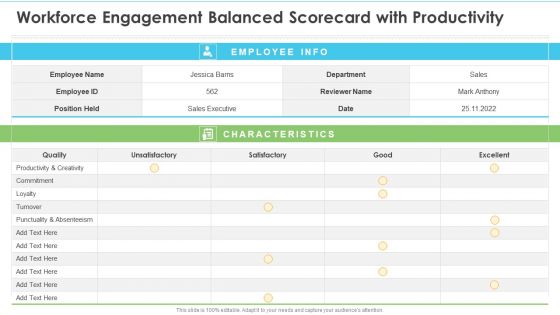 Workforce Engagement Balanced Scorecard With Productivity Ppt Model Influencers PDF Workforce Engagement Balanced Scorecard With Productivity Ppt Model Influencers PDF
