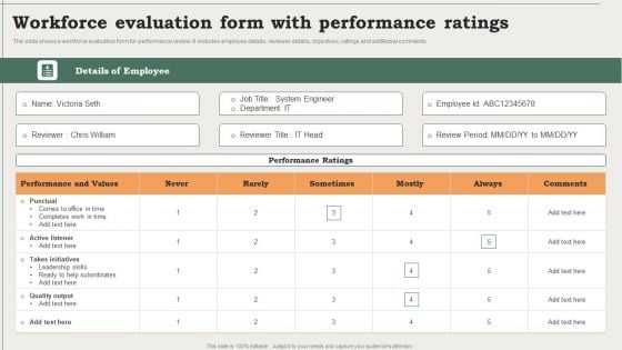 Workforce Evaluation Form With Performance Ratings Ppt PowerPoint Presentation Portfolio File Formats PDF