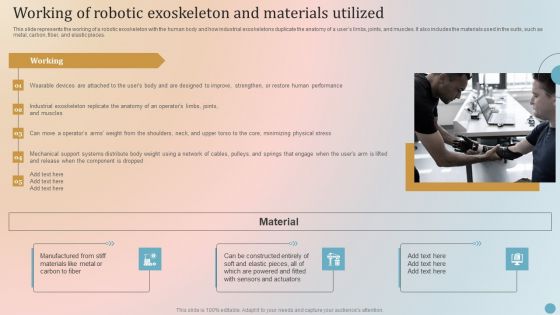 Working Of Robotic Exoskeleton And Materials Utilized Slides PDF