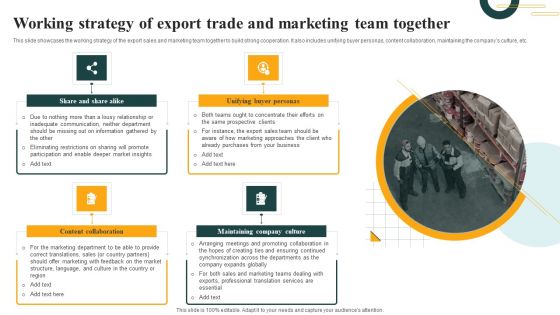 Working Strategy Of Export Trade And Marketing Team Together Themes PDF