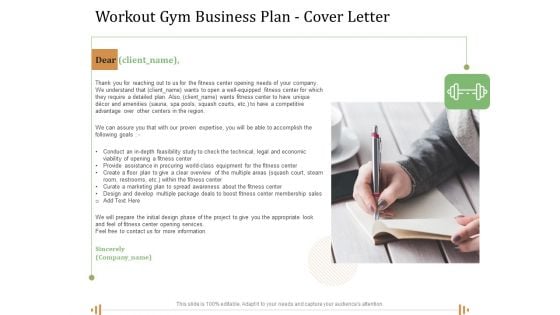 Workout Gym Business Plan Cover Letter Ppt Pictures Designs PDF