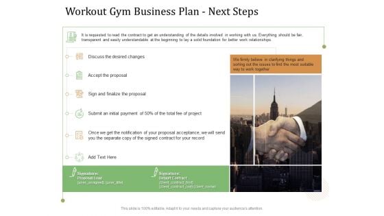 Workout Gym Business Plan Next Steps Ppt Icon Portrait PDF