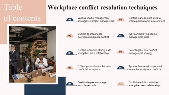 Workplace Conflict Resolution Techniques Table Of Contents Sample PDF