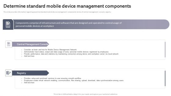 Workplace Portable Device Monitoring And Administration Determine Standard Mobile Device Management Components Contd Mockup PDF