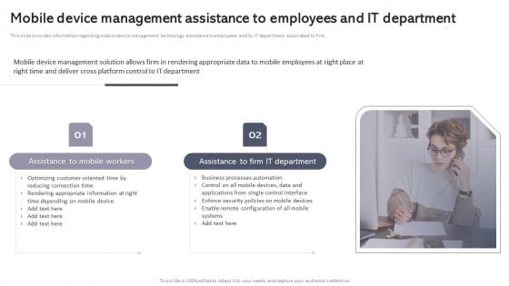 Workplace Portable Device Monitoring And Administration Mobile Device Management Assistance To Employees And It Department Inspiration PDF