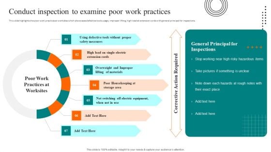 Workplace Safety Best Practices Conduct Inspection To Examine Poor Work Practices Infographics PDF