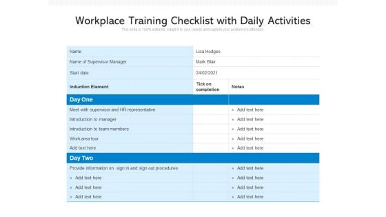 Workplace Training Checklist With Daily Activities Ppt PowerPoint Presentation Inspiration Clipart Images PDF