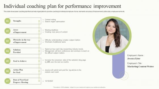 Workplace Training Techniques For Departments And Individual Staff Individual Coaching Plan For Performance Demonstration PDF
