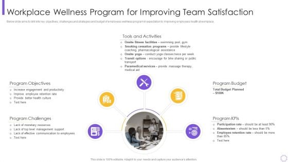 Workplace Wellness Program For Improving Team Satisfaction Slides PDF