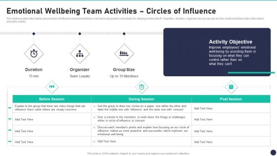 Workspace Wellness Playbook Emotional Wellbeing Team Activities Circles Of Influence Background PDF