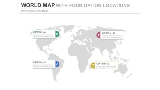 World Map With Four Option Tags Powerpoint Slides