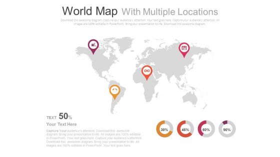 World Map With Location Pointers And Icons Powerpoint Slides