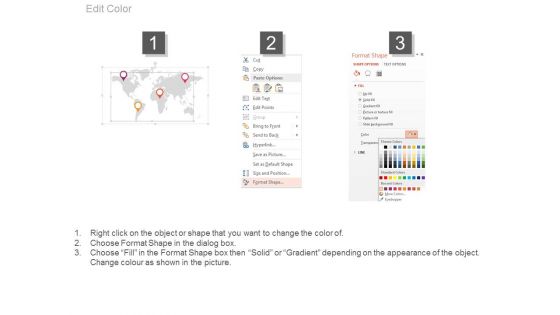 World Map With Location Pointers And Icons Powerpoint Slides