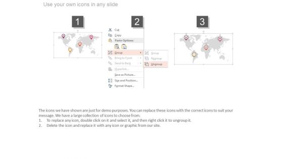 World Map With Location Pointers And Icons Powerpoint Slides