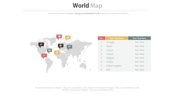 World Map With Multiple Icons Powerpoint Slides