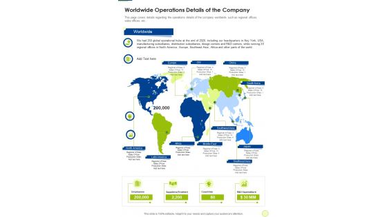 Worldwide Operations Details Of The Company One Pager Documents